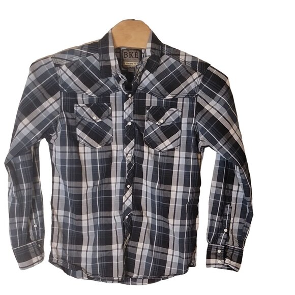 BKE Athletic Fit Pearl Snap Shirt Size Large Long Sleeve‎ Gray White - Picture 1 of 5